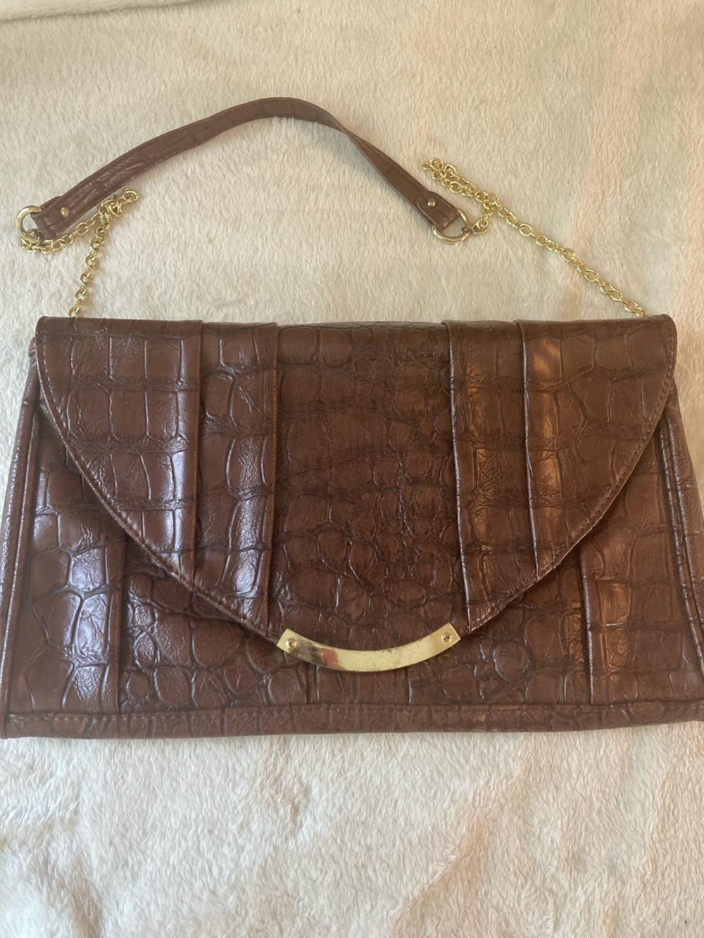 Steve Madden Crocodile Textured Brown Faux Leather Envelope Flap Chain Purse
